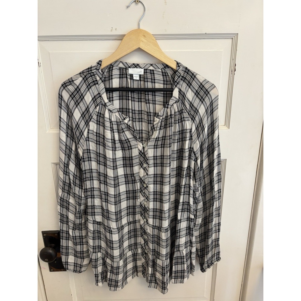 J. Jill Oatmeal Plaid Tiered Button Up Peplum Lightweight Baby Doll Top Medium